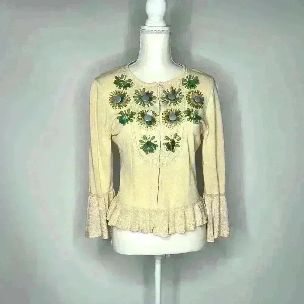 Nanette Lepore Peplum Hem Cardigan With Green Floral Beadwork Size L